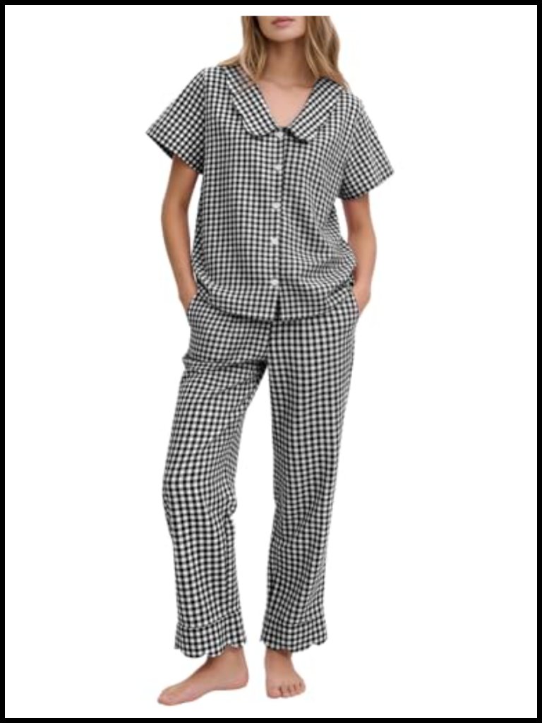 2 Piece Cotton Gingham Pajama Set Scalloped Collar Babydoll Shirt Pants Lounge